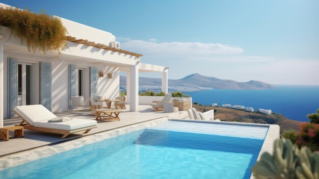 Casa blanca mediterránea tradicional con piscina en la colina con impresionantes vistas al mar Fondo de vacaciones de verano ai generativo