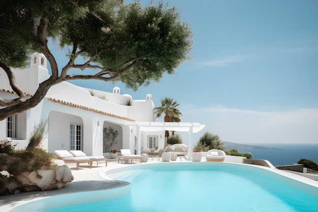Casa blanca mediterránea tradicional con piscina generada ai.