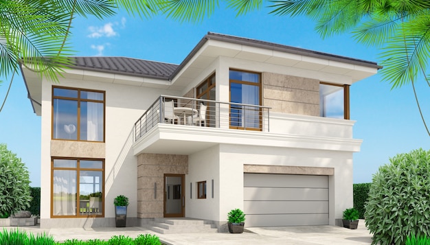 Casa blanca moderna con terraza y palmeras