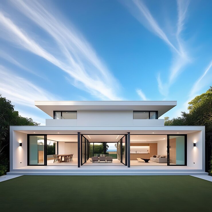 una casa blanca con muchas ventanas y una vista del cielo
