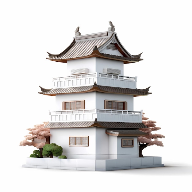 Una casa blanca con una pagoda en el techo