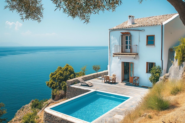 Casa blanca tradicional mediterránea con piscina en una colina con vistas al mar