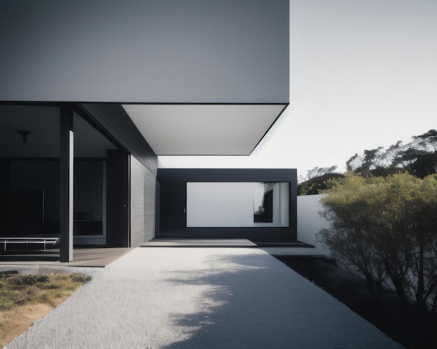 Una casa en blanco y negro con una gran ventana a la derecha.