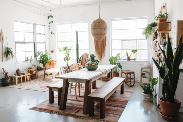 Casa boêmia repleta de plantas com luz natural e toques de cor