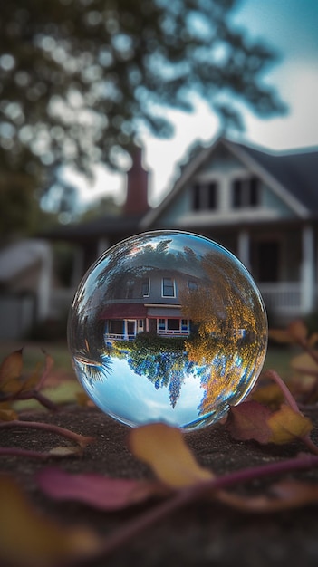 Una casa en una bola con una casa al fondo