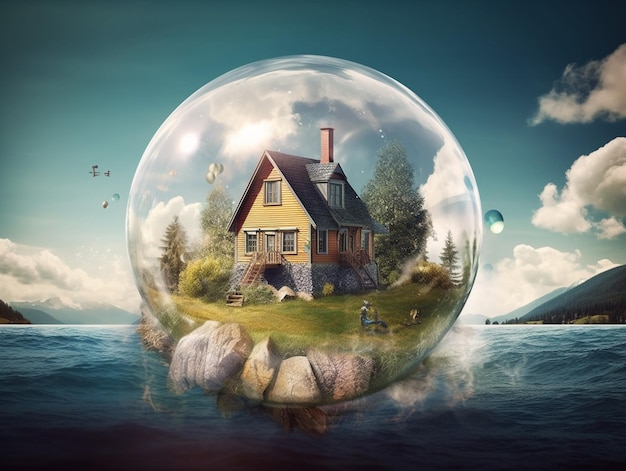 Una casa en una bola de cristal con un fondo de cielo