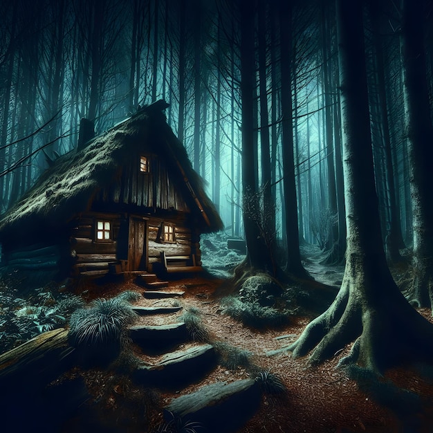una casa en el bosque con un árbol en el fondo