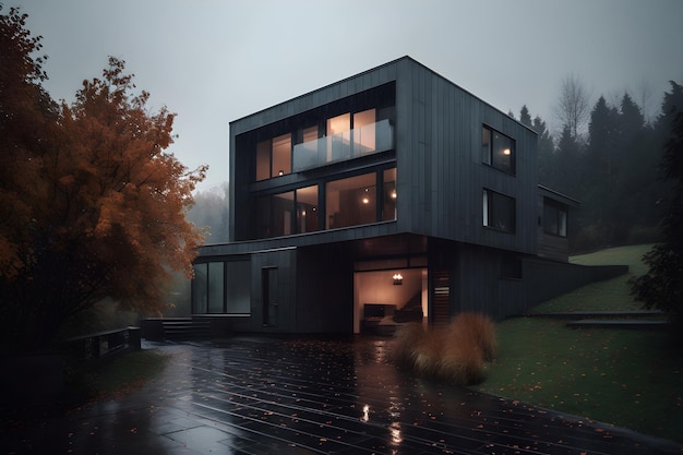 Una casa en un bosque con un árbol en primer plano