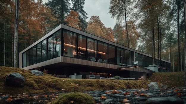 Una casa en el bosque con un bosque al fondo.
