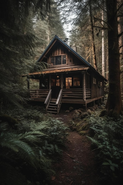 Una casa en el bosque con un bosque al fondo.