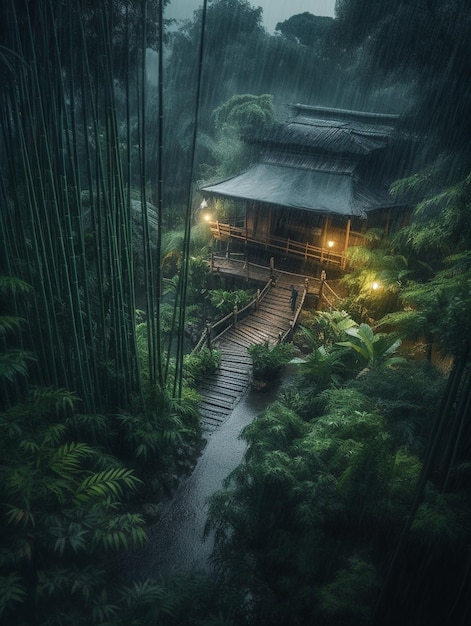 Una casa en el bosque con un bosque de bambú al fondo.