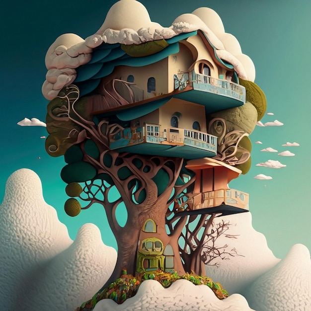 Foto casa en el bosque una casa en el árbol en las nubes en un día soleado surrealista