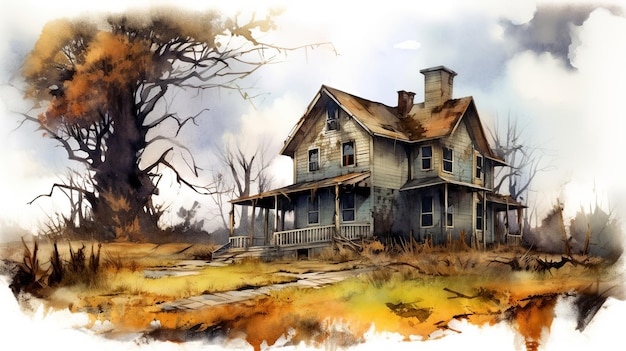 Casa en el bosque Casa fantasma ilustrada en estilo acuarela