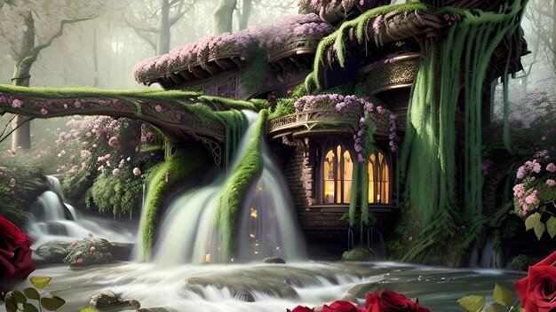 Una casa en el bosque con cascada y flores.