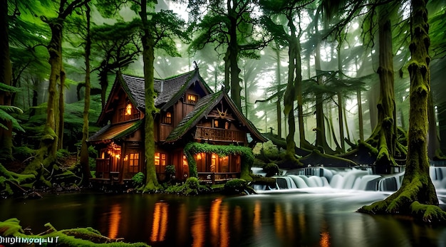 Foto una casa en el bosque con una cascada