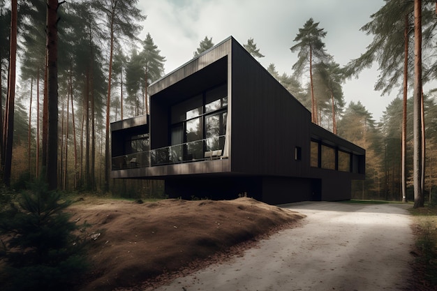 Una casa en el bosque con un fondo de cielo