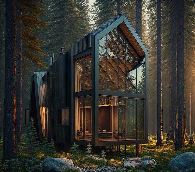 Una casa en el bosque con una gran ventana que dice 'casa del bosque'