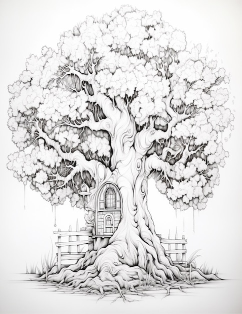 Foto casa en el bosque ilustración en blanco y negro para libro de colorear