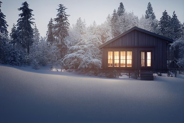 Casa en el bosque en invierno Casa de madera bajo la nieve Paisaje invernal Ilustración 3D