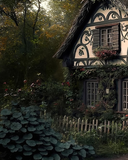 Una casa en el bosque con un letrero que dice 'la casa está al frente'. '