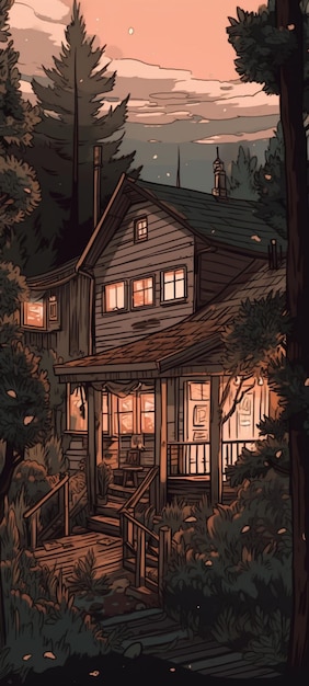 Una casa en el bosque con las luces encendidas.
