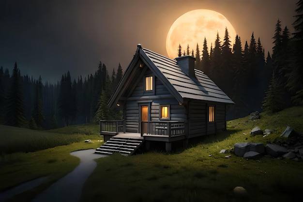 Una casa en el bosque con la luna detrás