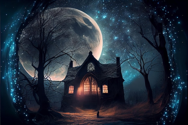 Una casa en el bosque con luna llena al fondo