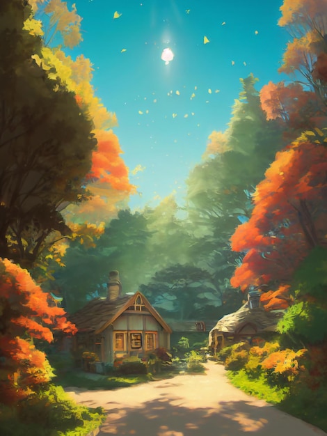 Casa en el bosque entre muchos arboles, Pintura Digital.