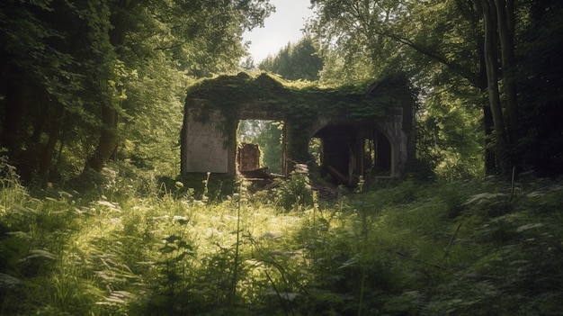 Una casa en el bosque con musgo creciendo en el techo