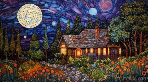 casa en el bosque por la noche con luna llena