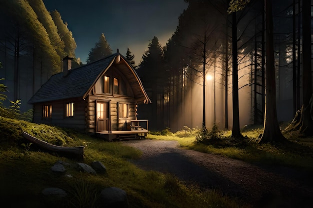 Una casa en el bosque de noche.