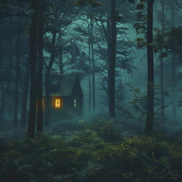 una casa en un bosque por la noche