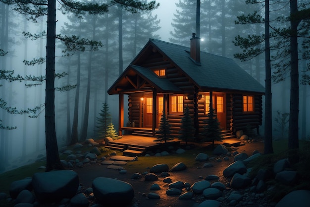 Una casa en el bosque de noche.