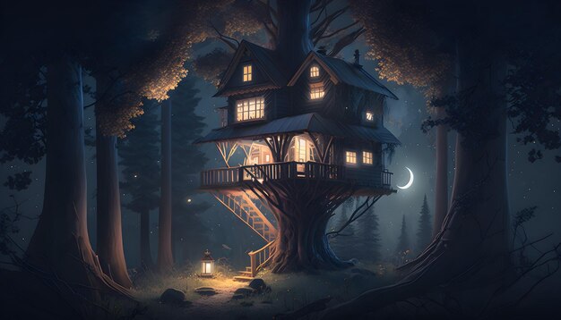 Una casa en el bosque de noche.