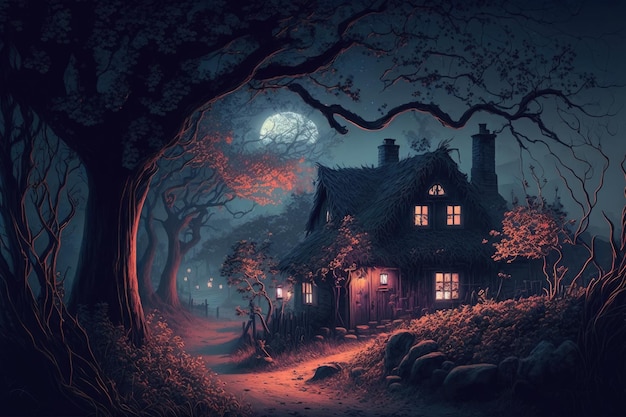 Una casa en el bosque de noche.