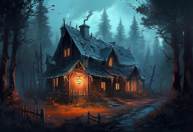 una casa en el bosque por la noche