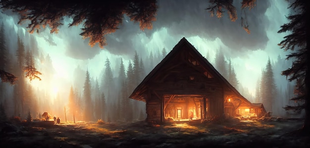 Casa en un bosque oscuro y sombrío, un pueblo ermitaño en una zona boscosa, luz en las ventanas de las casas, ilustración 3d