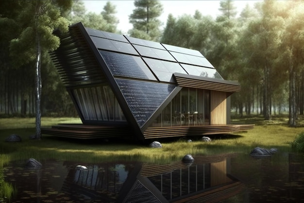 Una casa en el bosque con un panel solar en el techo.