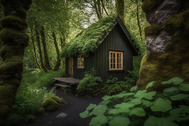 Una casa en el bosque con pasto verde en el techo