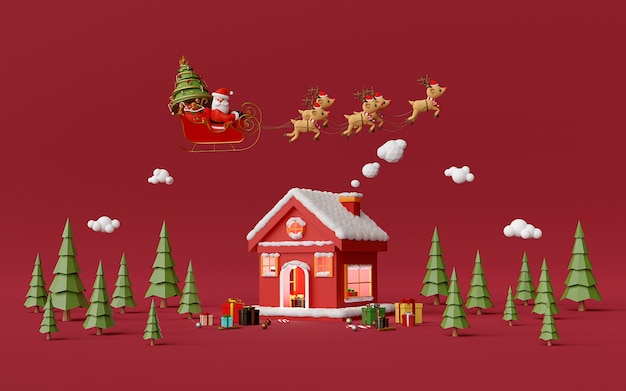 Casa en el bosque de pinos con Santa Claus 3D rendering