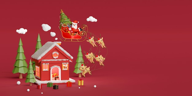 Casa en el bosque de pinos con Santa Claus 3D rendering