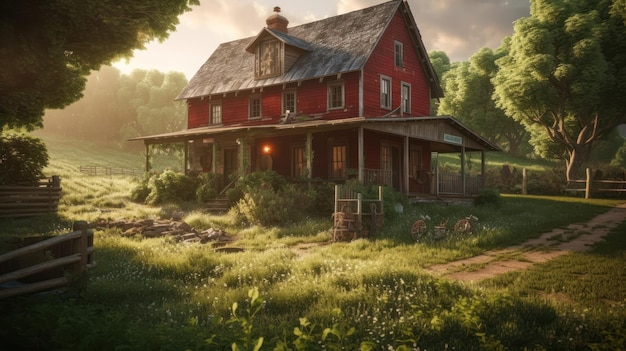 Una casa en el bosque con el sol brillando en el techo.