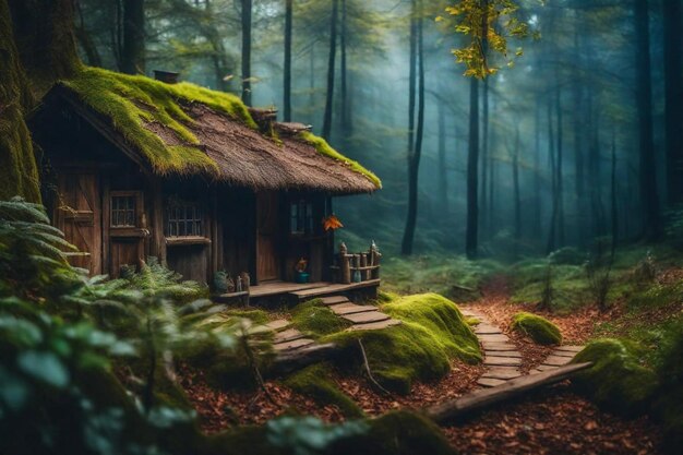 Foto una casa en el bosque con un techo de paja