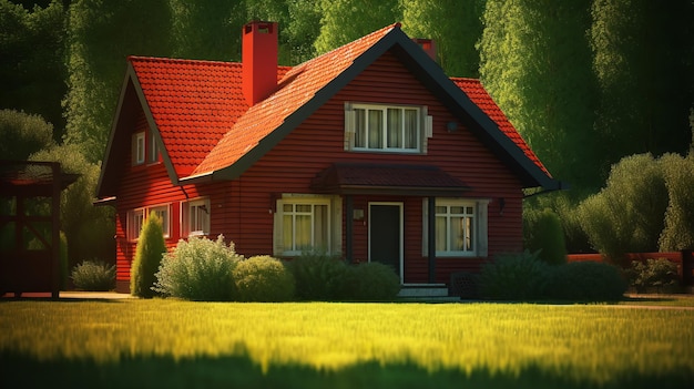 Una casa en el bosque con techo rojo.