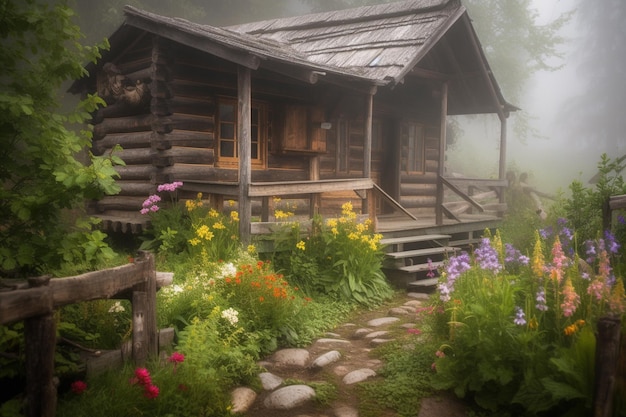 Una casa en el bosque con valla y flores.