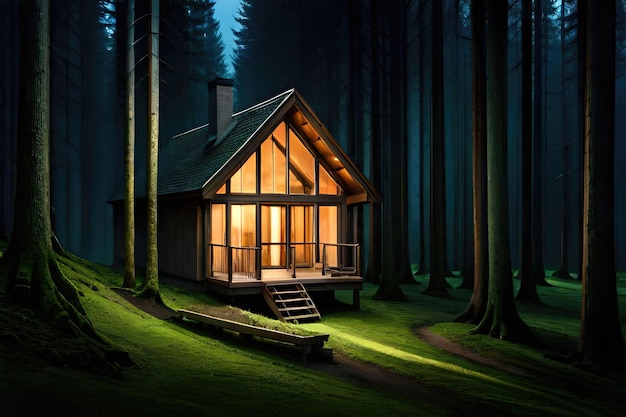 Una casa en el bosque con una ventana iluminada