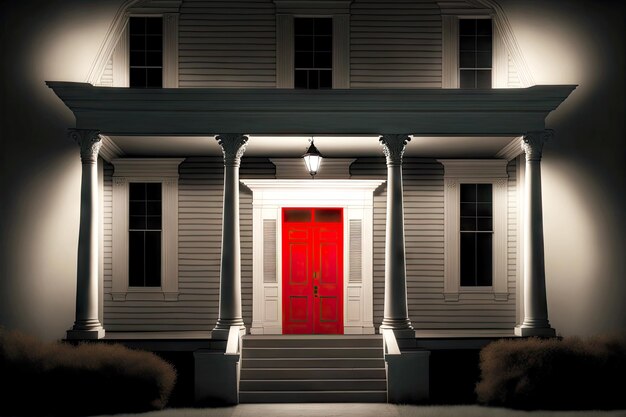 Foto casa branca com varanda e porta com retroiluminação vermelha e fantasma