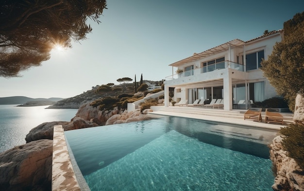 Casa Branca Mediterrânea Clássica com IA Geradora de Piscina na Encosta