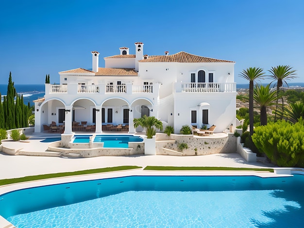 Casa branca mediterrânea tradicional com piscina na colina com vista deslumbrante para o mar Férias de verão de volta