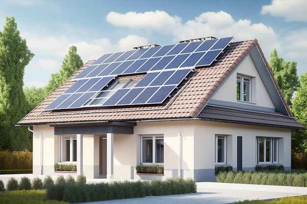 Casa branca moderna com um jardim e painéis solares no telhado contra o céu azul gerado pela IA